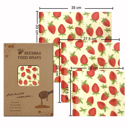 Wraps Alimentaires Réutilisables – Cire d’Abeille motif fraises pack 3 tailles avec boîte kraft Ustensile de chef