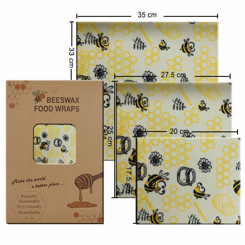 Wraps Alimentaires Réutilisables – Cire d’Abeille set 3 tailles motifs abeilles emballage kraft réutilisable lavable
