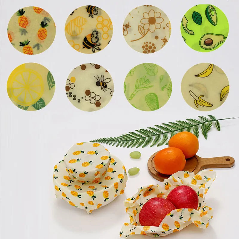 Lot de Wraps Alimentaires Réutilisables – Cire d’Abeille motifs ananas et fruits couvrant bols et pommes, écologique et lavable