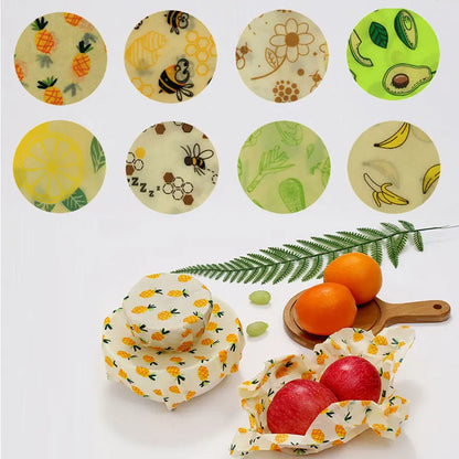 Lot de Wraps Alimentaires Réutilisables – Cire d’Abeille motifs ananas et fruits couvrant bols et pommes, écologique et lavable