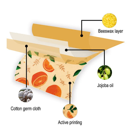 Coupe de Wraps Alimentaires Réutilisables – Cire d’Abeille montrant tissu coton, cire, huile de jojoba et motif orange