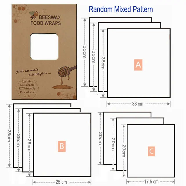Ustensile de chef Wraps Alimentaires Réutilisables – Cire d’Abeille lot avec boîte et 3 tailles 33x35, 25x28, 17,5x20 cm