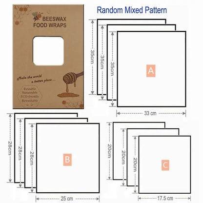 Ustensile de chef Wraps Alimentaires Réutilisables – Cire d’Abeille lot avec boîte et 3 tailles 33x35, 25x28, 17,5x20 cm