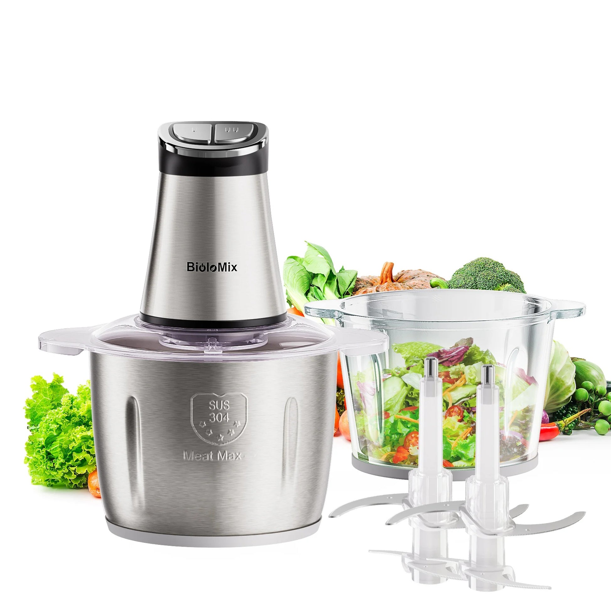 Hachoir électrique multifonction BioloMix 300W avec bol en acier inoxydable et accessoires pour la cuisine