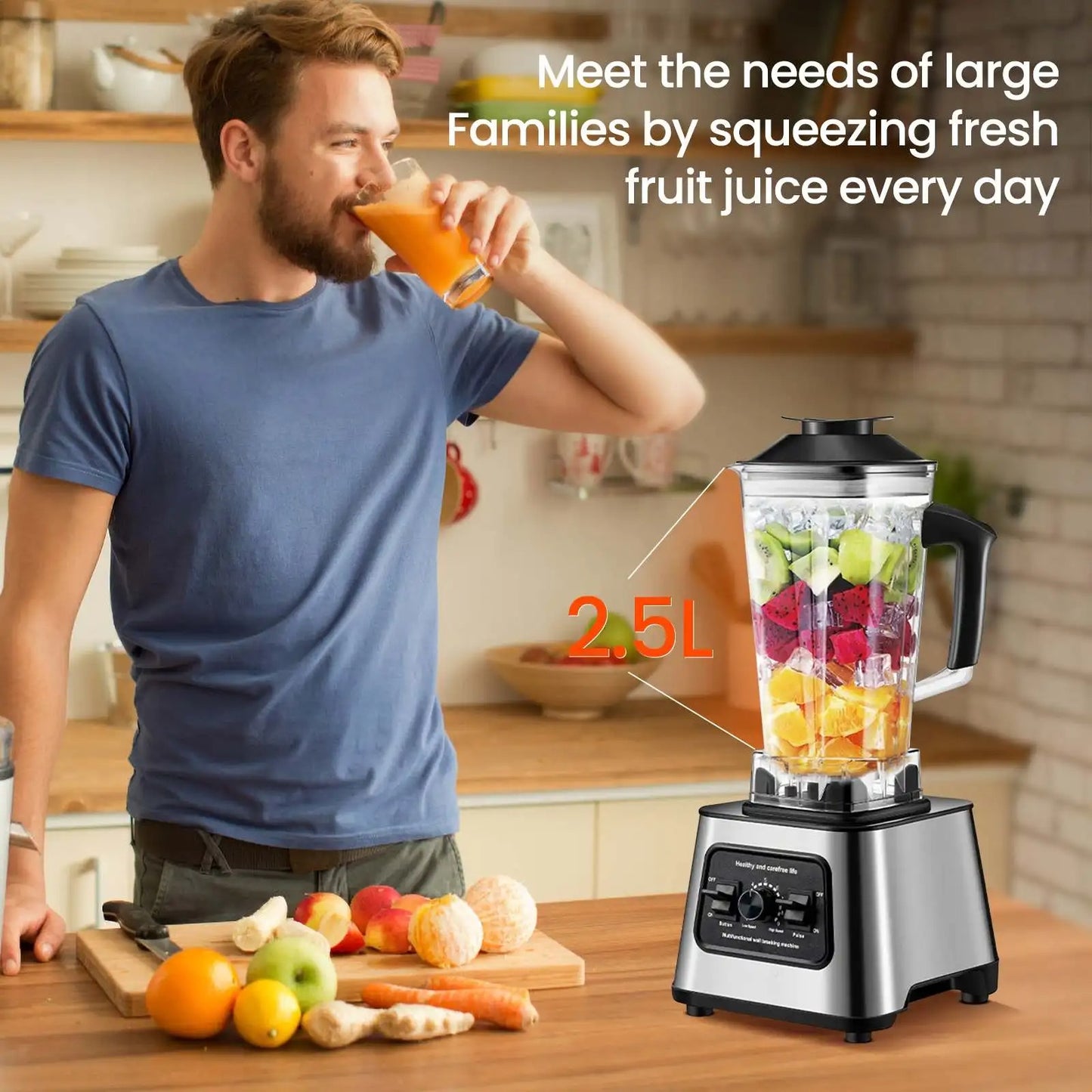 Blender haute capacité 2,5 L avec 9 vitesses et lames inox, idéal pour les familles nombreuses et les jus frais
