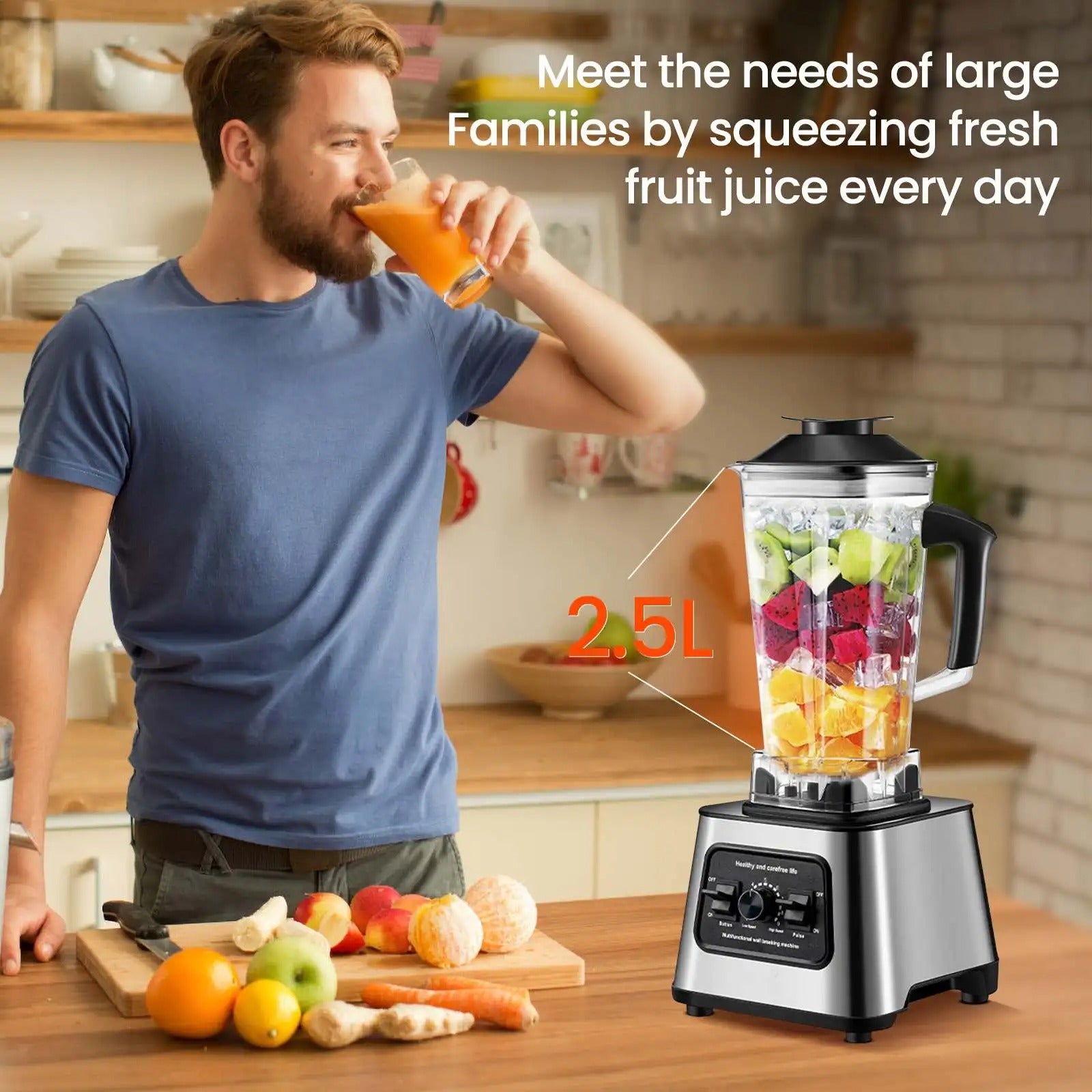 Blender haute capacité 2,5 L avec 9 vitesses et lames inox, idéal pour les familles nombreuses et les jus frais