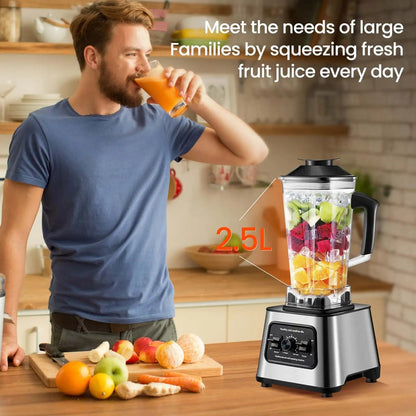 Blender haute capacité 2,5 L avec 9 vitesses et lames inox, idéal pour les familles nombreuses et les jus frais