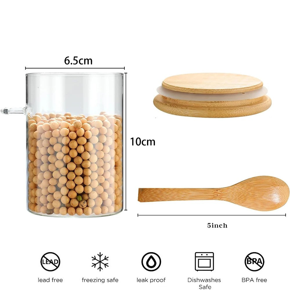 Bocaux en Verre Hermétiques 280 ml avec Cuillère – Lot de 4 présentés avec des mesures et des accessoires en bois