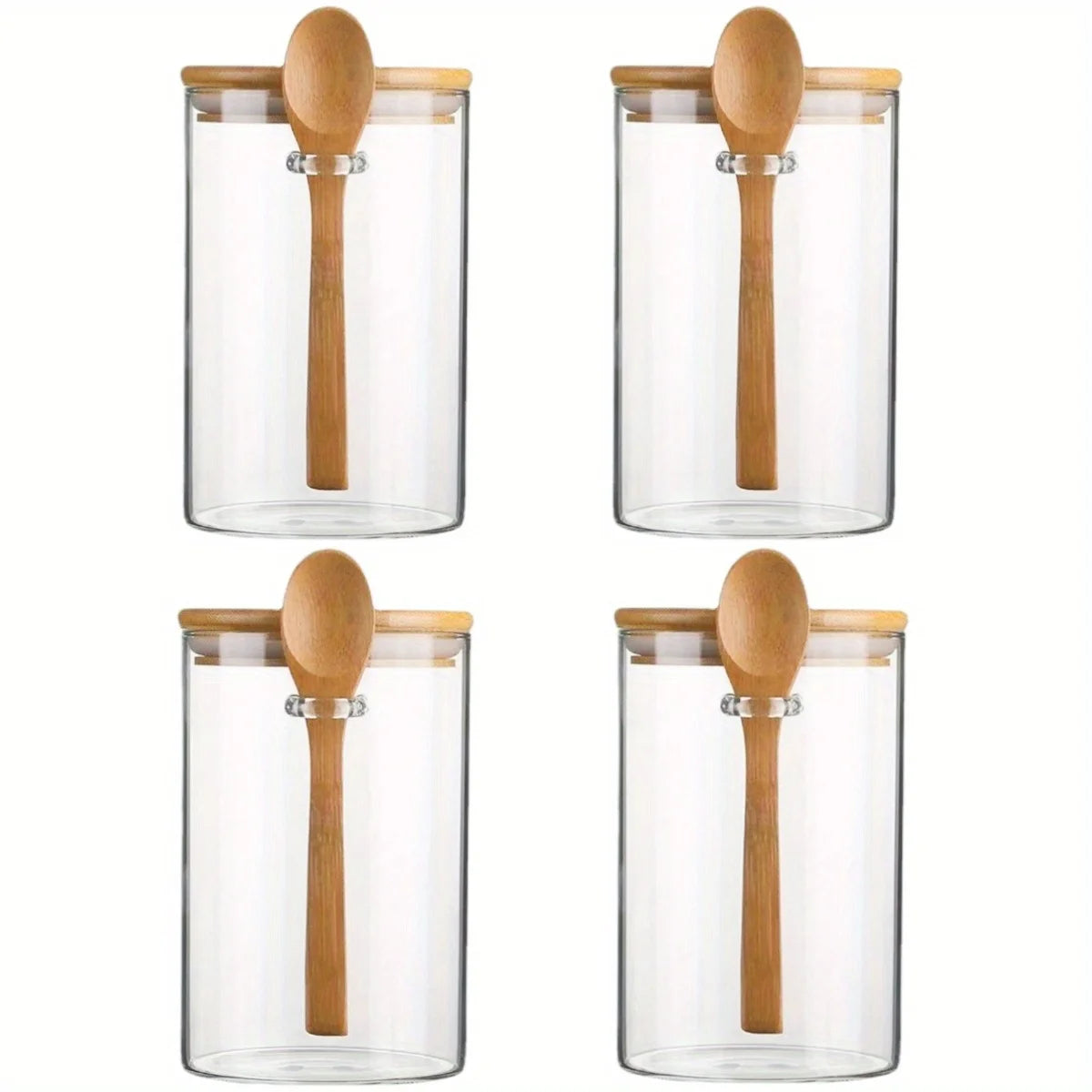 Set de quatre bocaux en verre hermétiques cuisine avec couvercles en bois et cuillères assorties conservation propre