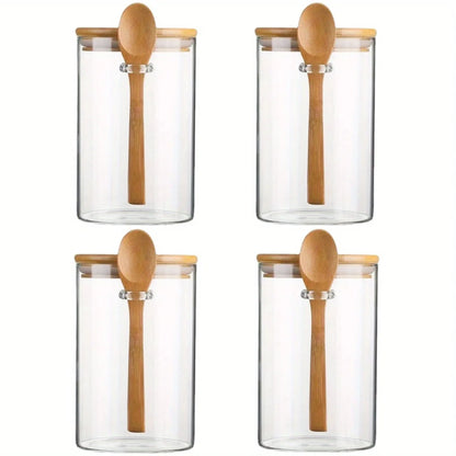 Set de quatre bocaux en verre hermétiques cuisine avec couvercles en bois et cuillères assorties conservation propre
