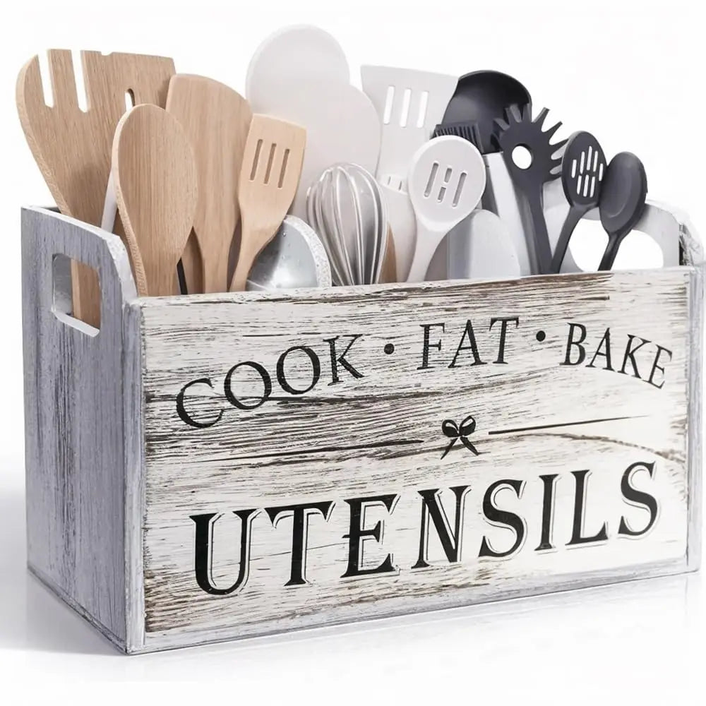 Boîte à couverts en bois 3 Compartiments avec ustensiles de cuisine assortis dans un design rustique