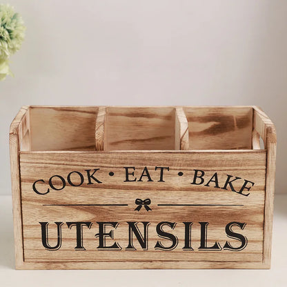 Boîte à couverts en bois 3 Compartiments avec inscriptions Cook Eat Bake pour organiser votre cuisine