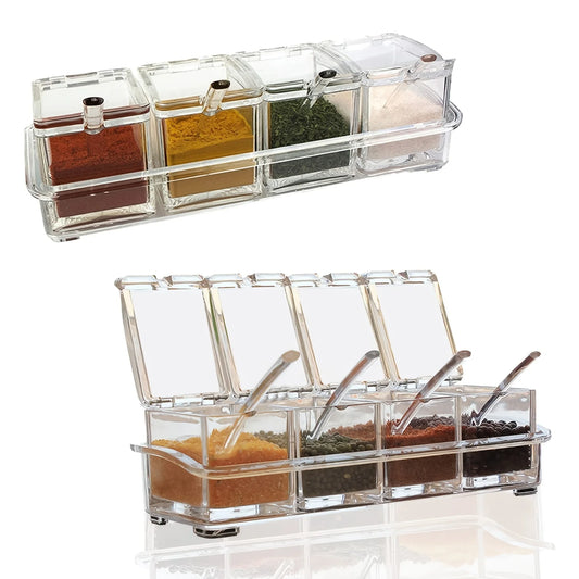 Boîte à Épices 4 Compartiments avec Cuillères en acrylique pour organiser vos assaisonnements