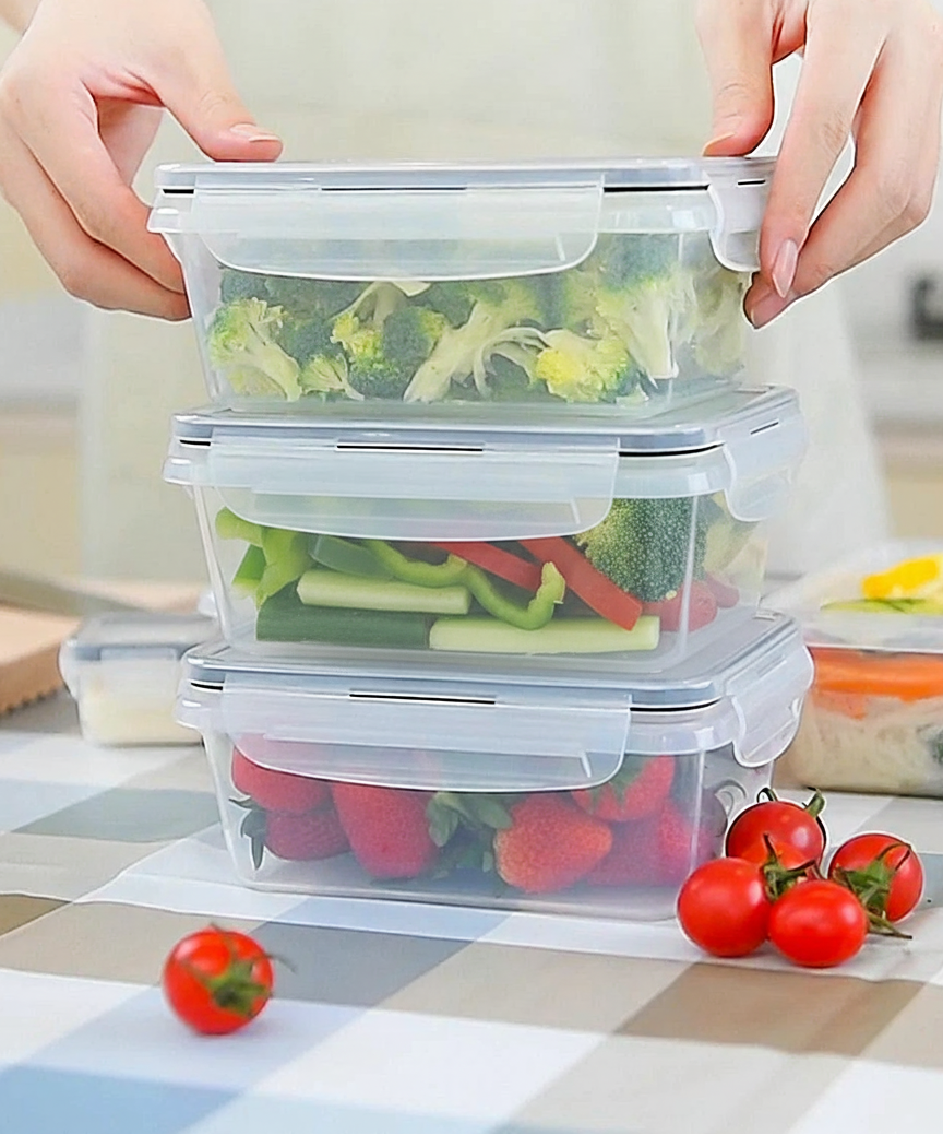 Boîte alimentaire hermétique 13 pièces empilée avec des légumes frais et des fraises sur une table de cuisine