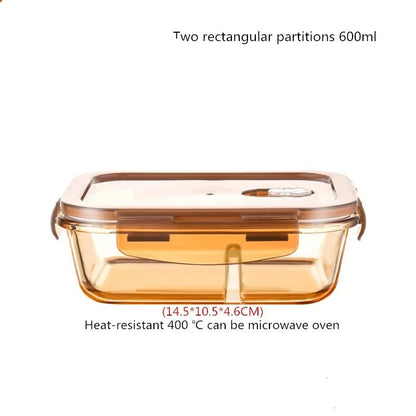 Boîte hermétique aliment en verre avec deux compartiments de 600 ml, compatible micro-ondes et réutilisable.
