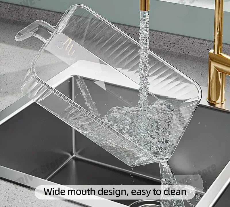 Boîte hermétique pour frigo avec égouttoir, conçue pour un lavage facile avec un large design d'ouverture.