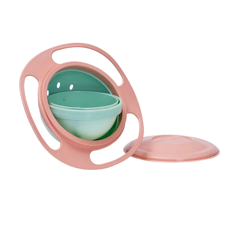 Bol Anti-Déversement Bébé – Gyroscopique avec Couvercle rose et vert conçu pour éviter les chutes