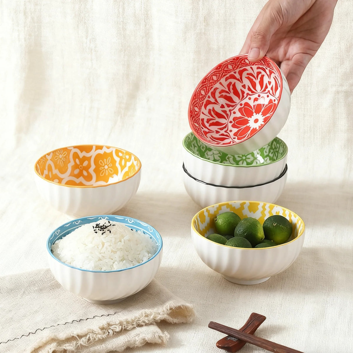 Bol en Céramique – Lot de 6 avec motifs variés, parfaits pour servir des repas ou des collations