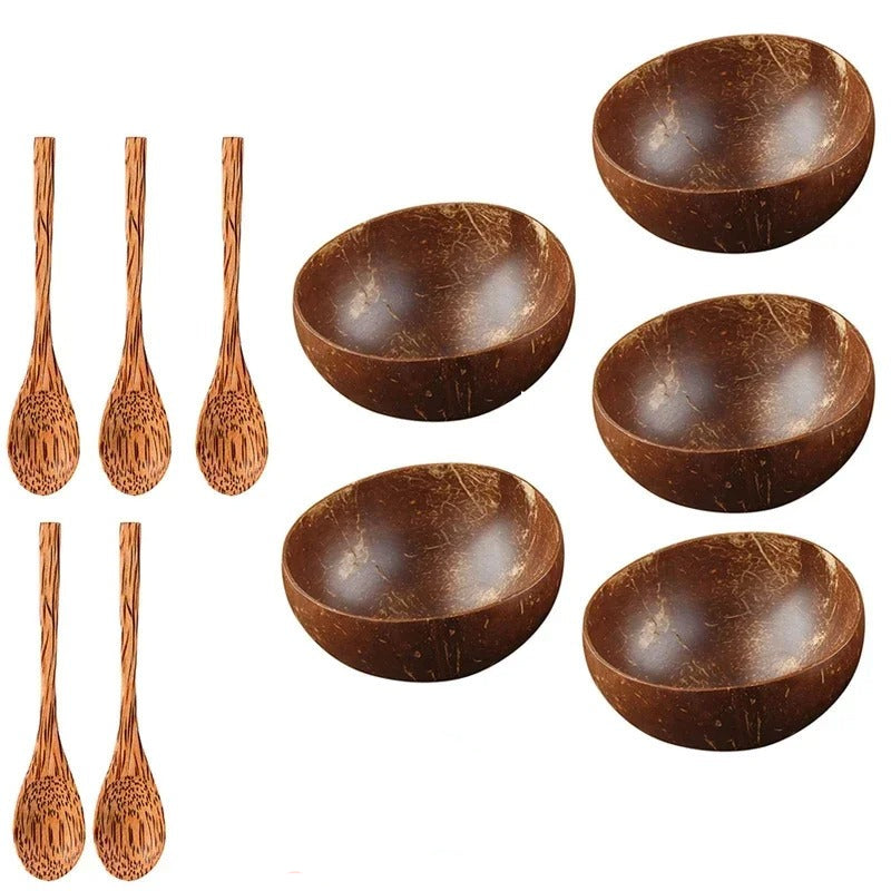 Set de 4 bols en coquille de noix de coco avec cuillères assorties pour un service élégant