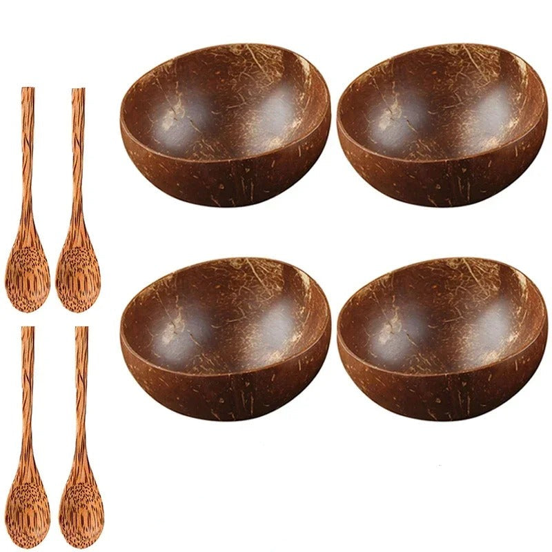 Ensemble de 4 bols en coquille de noix de coco avec 4 cuillères en bois pour un service écologique