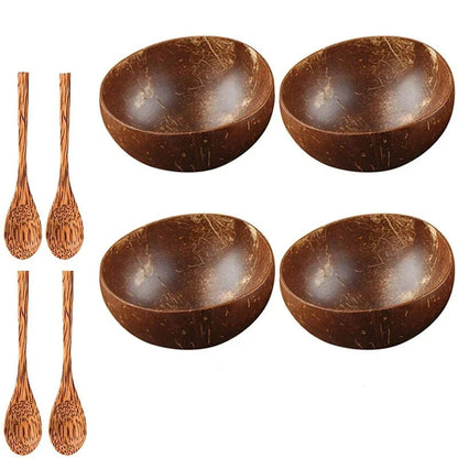 Ensemble de 4 bols en coquille de noix de coco avec 4 cuillères en bois pour un service écologique