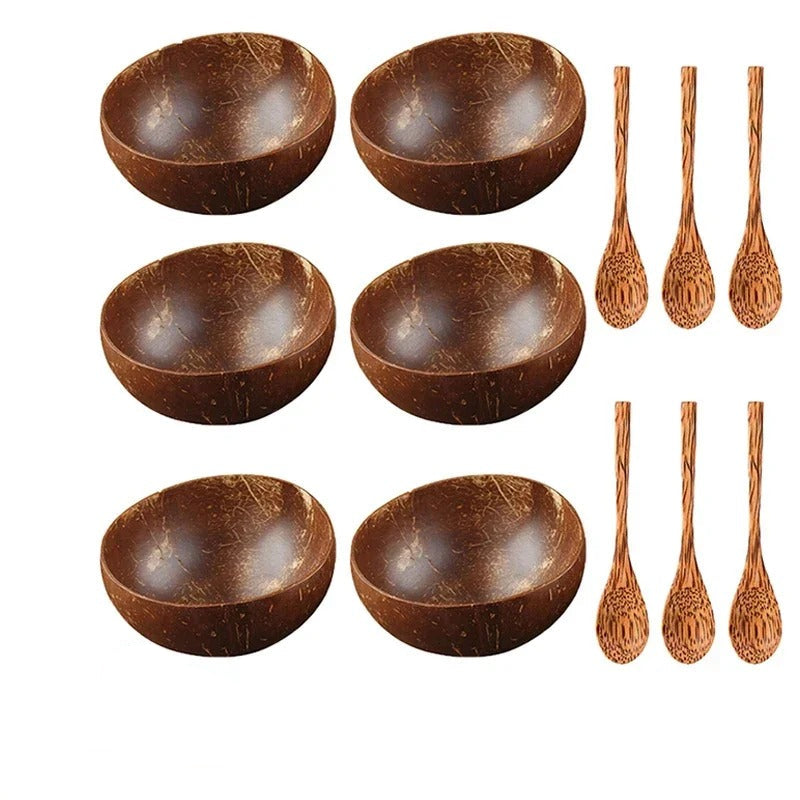 Set de 6 bols en coquille de noix de coco avec cuillères en bois pour repas écologiques