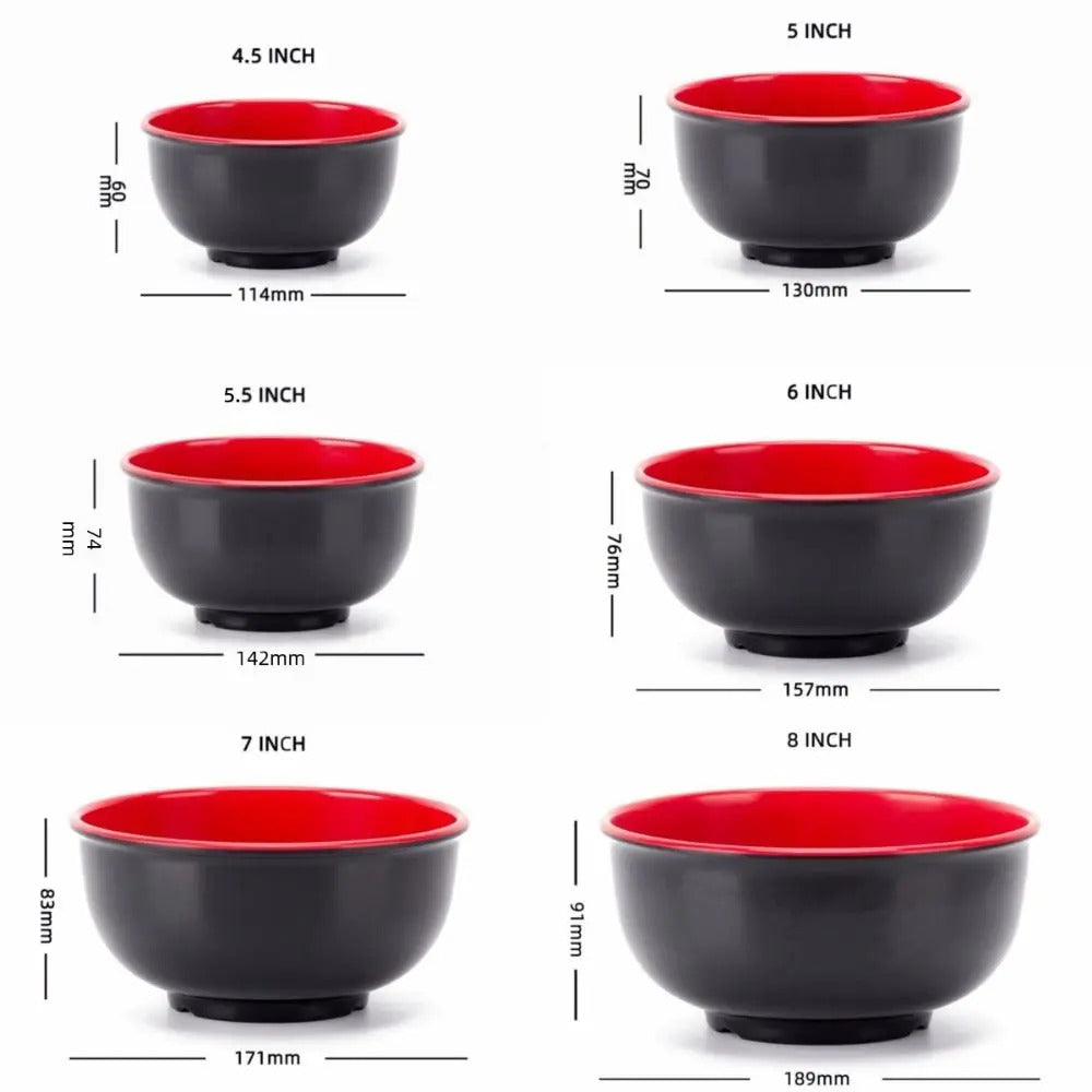 Bol en Mélamine Noir et Rouge de différentes tailles, idéal pour servir des plats avec style