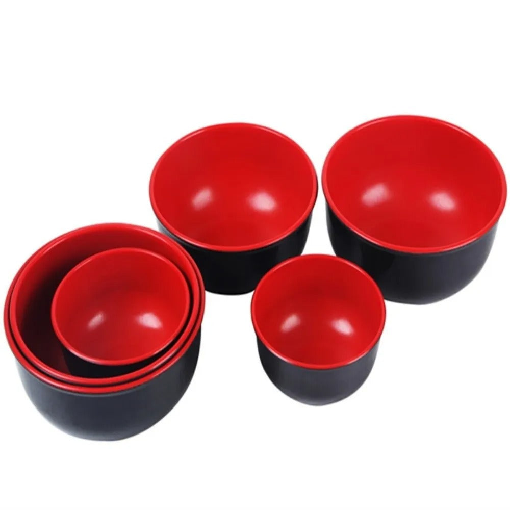 Ensemble de bols en mélamine noir et rouge, idéal pour la cuisine et le service des aliments