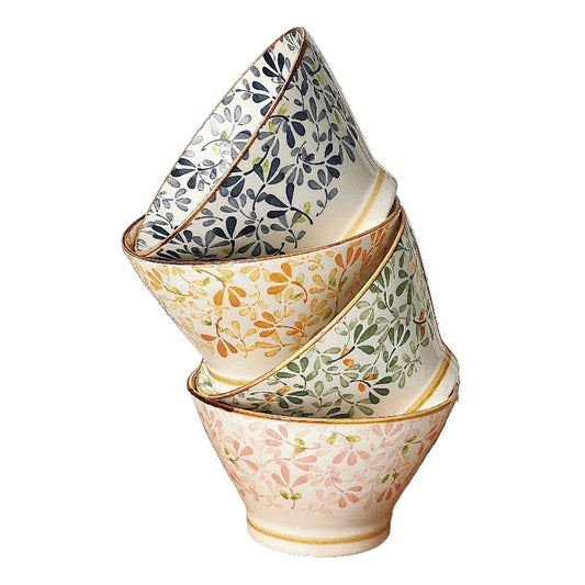 Lot de 4 bols en porcelaine à motifs floraux empilés avec des couleurs vives et élégantes