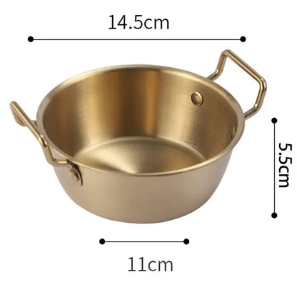 Bol Inox Doré avec Anse Anti brûlure – 12 à 14 cm vue de face avec dimensions visibles