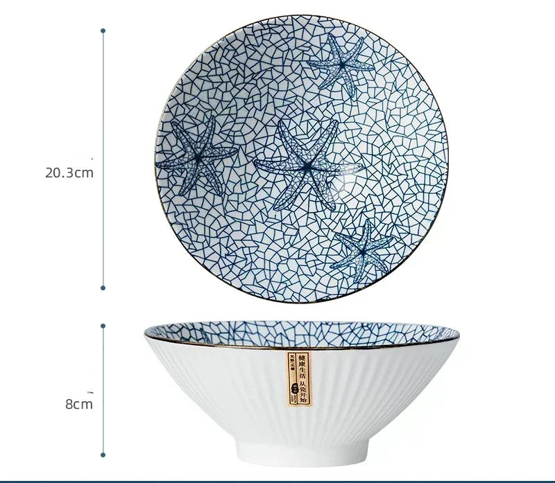 Bol Japonais en Porcelaine – Élégance Zen et Artisanat avec motif d'étoiles de mer en bleu sur fond blanc
