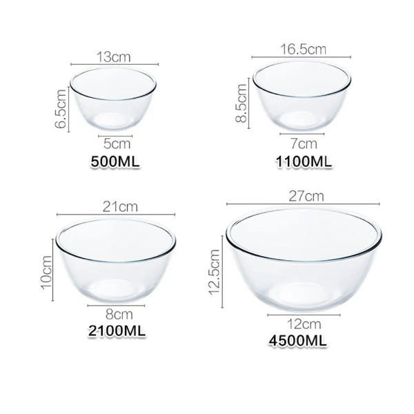 Bol Verre Résistant pour Cuisine – 4 Tailles Disponibles avec dimensions et capacités variées