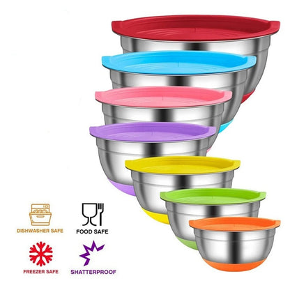 Bols à Mélanger Inox 304 avec Couvercle de différentes couleurs empilés pour une organisation pratique en cuisine