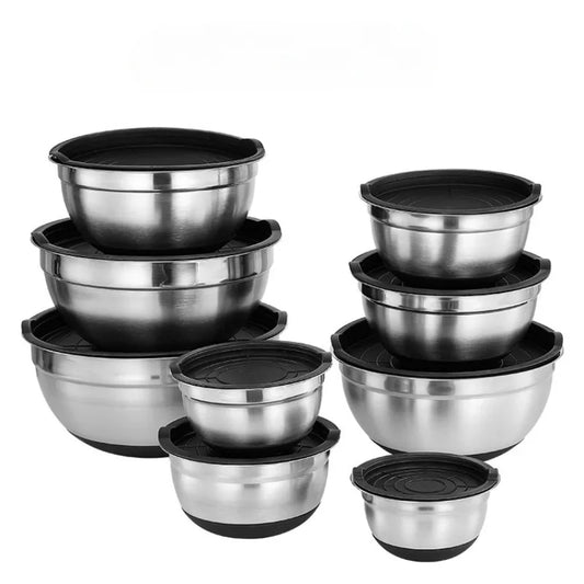 Bols Inox avec Couvercles – Set 3 Tailles Antidérapants en acier inoxydable avec couvercles ajustés