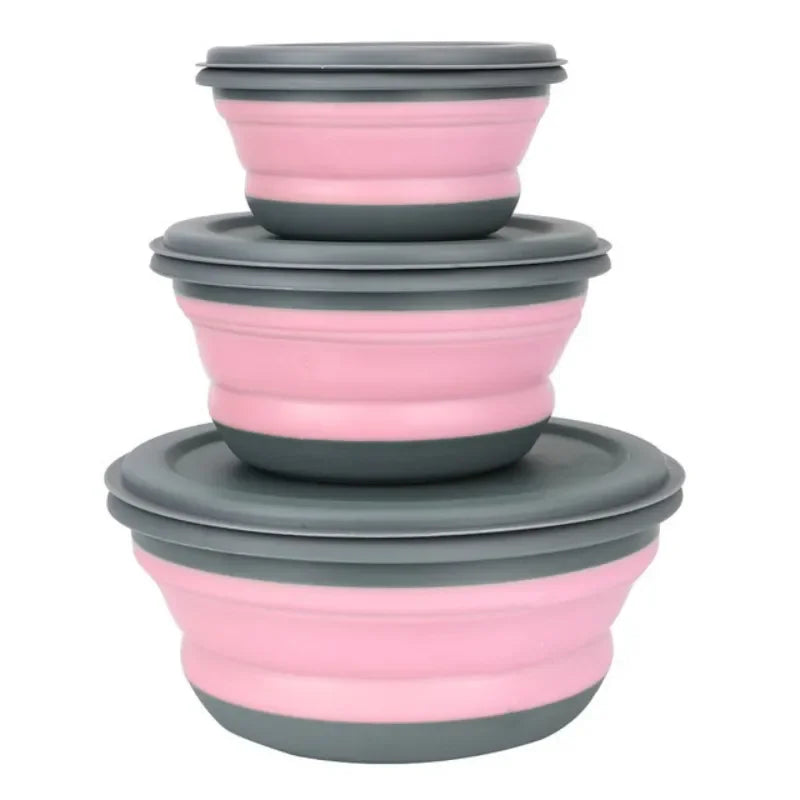 Bols Pliables Silicone x3 – Nomades Hermétiques Écolos en silicone rose avec couvercles gris