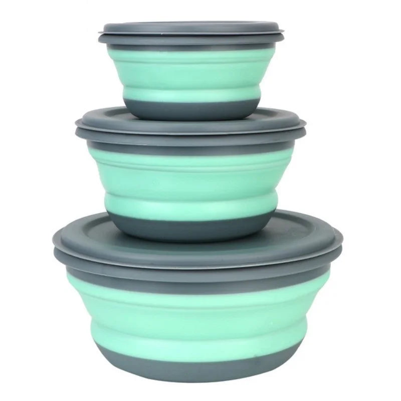 Bols Pliables Silicone x3 – Nomades, Hermétiques, Écolos en silicone vert et gris avec couvercles