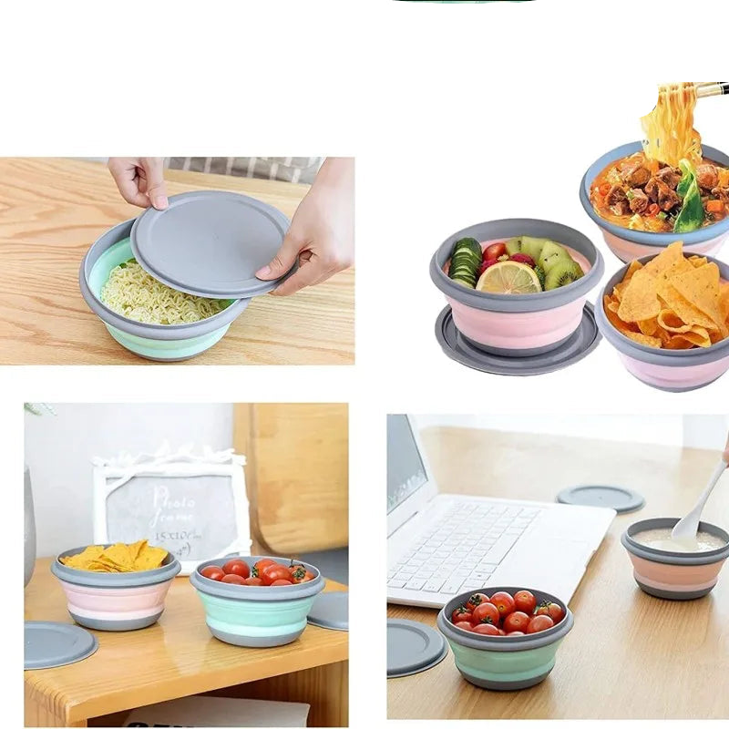Bols Pliables Silicone x3 – Nomades, Hermétiques, Écolos, bols pliés et remplis de nourriture variée sur table en bois