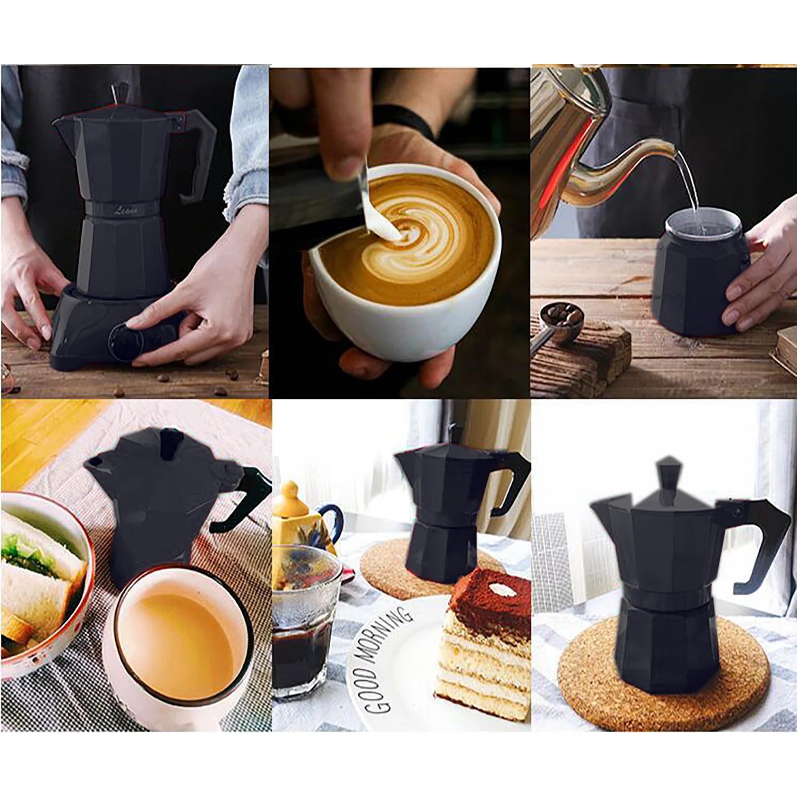 Cafetière Moka Électrique Bymaocar 300ml en action avec café crémeux et accessoires pour un service optimal
