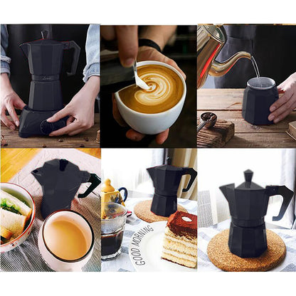 Cafetière Moka Électrique Bymaocar 300ml en action avec café crémeux et accessoires pour un service optimal