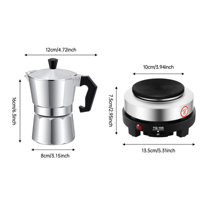 Cafetière italienne électrique 3 tasses avec plaque chauffante réglable, design en acier inoxydable et dimensions compactes