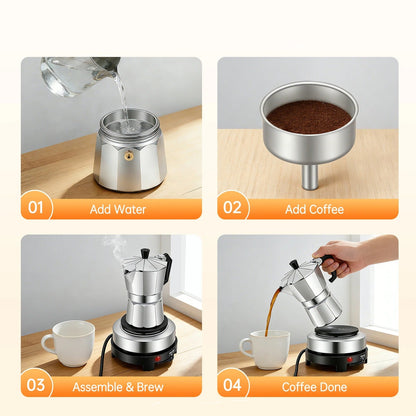 Préparation avec une cafetière italienne électrique 3 tasses avec plaque chauffante réglable en étapes claires