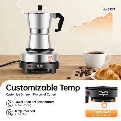 Cafetière italienne électrique 3 tasses avec plaque chauffante réglable pour un café parfaitement infusé