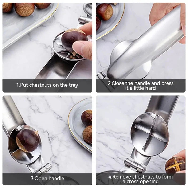 Casse-Marrons en Acier Inoxydable – Pince 17,7 cm avec étapes d'utilisation pour ouvrir facilement les châtaignes