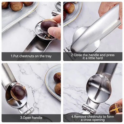 Casse-Marrons en Acier Inoxydable – Pince 17,7 cm avec étapes d'utilisation pour ouvrir facilement les châtaignes