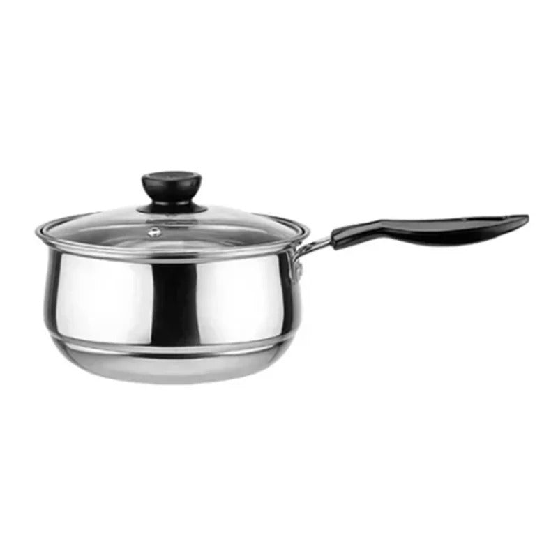 Casserole en acier inoxydable double fond – Compatible gaz et induction avec couvercle en verre et poignet ergonomique