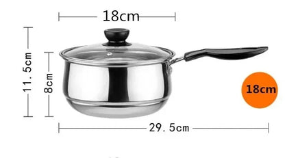 Casserole en acier inoxydable double fond de 18cm, compatible gaz et induction avec couvercle en verre.