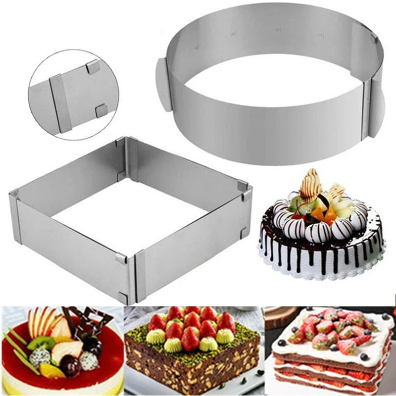 Cercle à Gâteau Réglable Inox – Rond ou Carré avec différents gâteaux colorés pour la pâtisserie