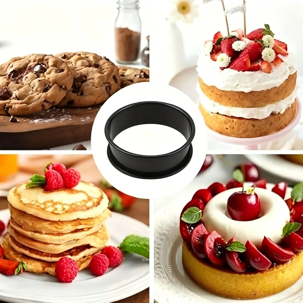 Cercles à Pâtisserie Inox Antiadhésifs – Lot de 6 avec différents desserts gourmands en arrière-plan