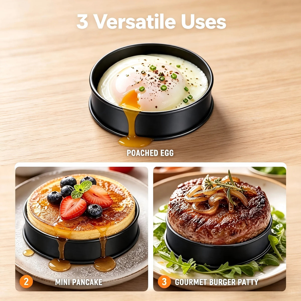 Cercles à Pâtisserie Inox Antiadhésifs – Lot de 6 avec œuf poché, crêpe et burger gourmet