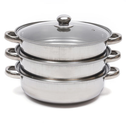 Cuit vapeur inox 3 niveaux – Cuisson saine rapide. par Ustensile de chef, panier vapeur inox empilable avec couvercle verre